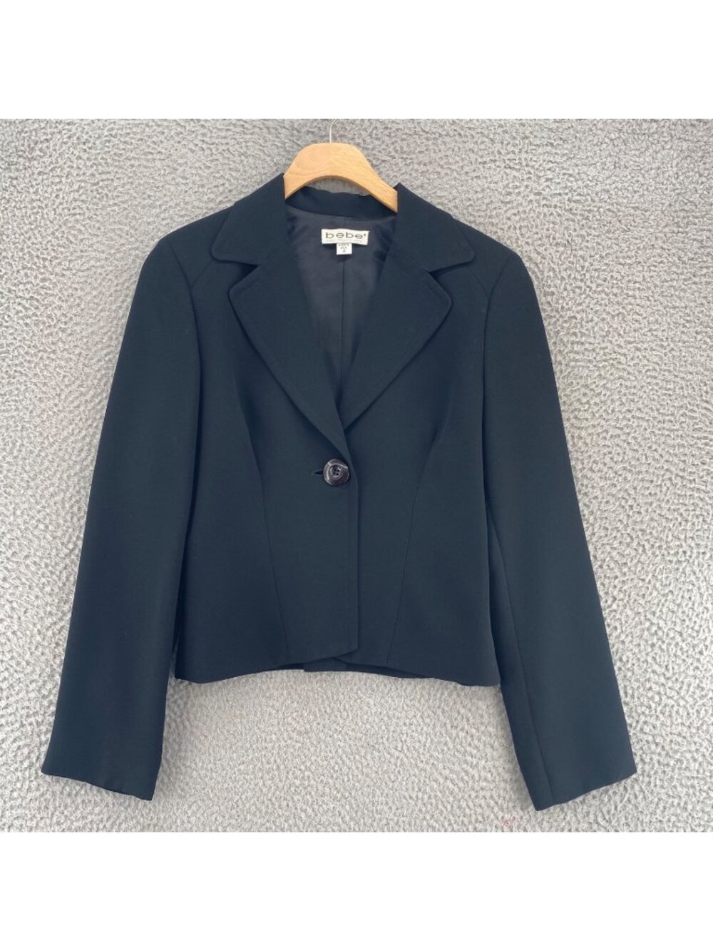 Bebe Blazer Womens 4 Black Short Jacket Button Up Notch Lapel Long Sleeve Lined